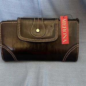 Merona Black Women's Wallet with Tan Stitching